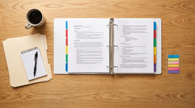 Clinical Trial Study Coordinator Desk with an Open Regulatory Binder and Colour-coded Tabs - Overhead Flat Lay - Regulatory & Consent Documentation Stock Photo