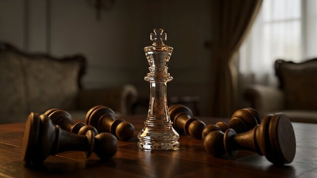 A crystal king chess piece standing tall amidst fallen pawns on a wooden table, symbolizing strategic victory and leadership in a dimly lit room.
