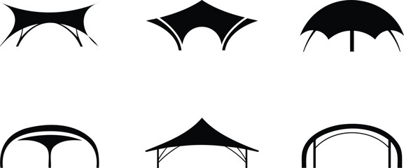 Collection of stylized black icons representing different canopy and tent designs on a white background © Shafiq