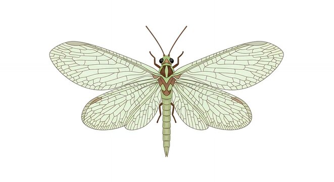 Symmetrical Top View of a Pale Green Dobsonfly Insect Graphic Illustration Isolated on a White Background