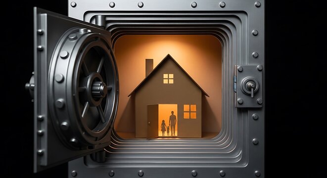 Family Silhouette in Paper House Inside Bank Vault