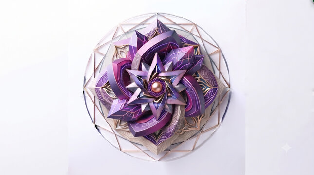 Abstract 3D geometric mandala with purple crystal lotus and sphere
