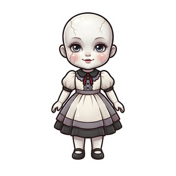 Vintage porcelain doll with cracked face isolated on transparent background for gothic themes