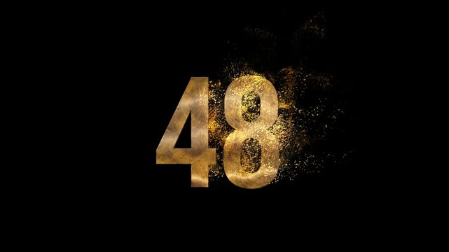 Beautiful Golden Number 48 with golden particles and transparent background, golden number forty eight