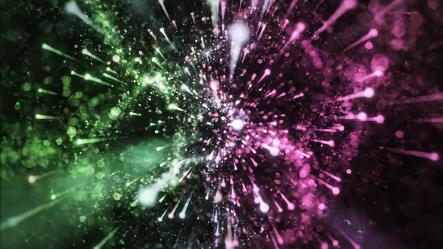 Glowing Particle Burst Radiating Outward in Emerald Green and Fuchsia Pink Light