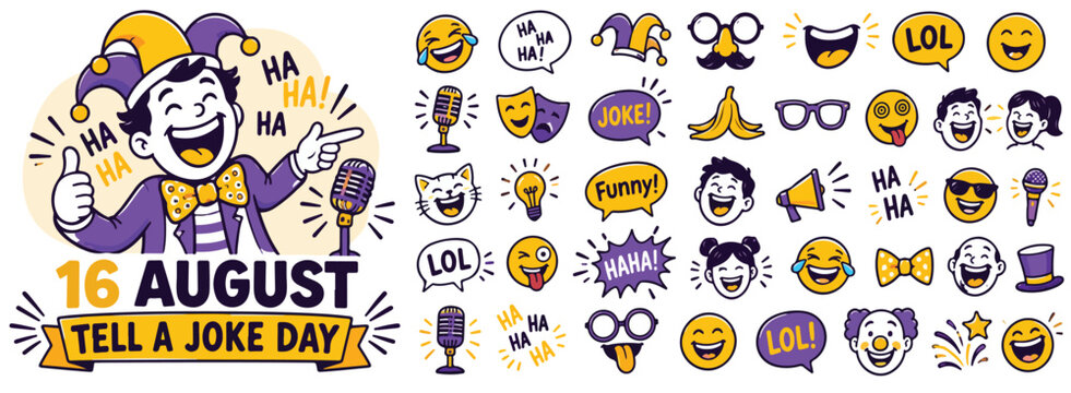 Tell a Joke Day vector collection, 16 August comedy event elements, funny jester character with laughing emojis and humor icons set