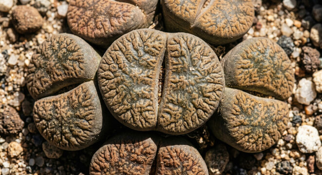 Lithops succulent plant clusters with detailed brain patterns on sandy gravel soil for botanical encyclopedia