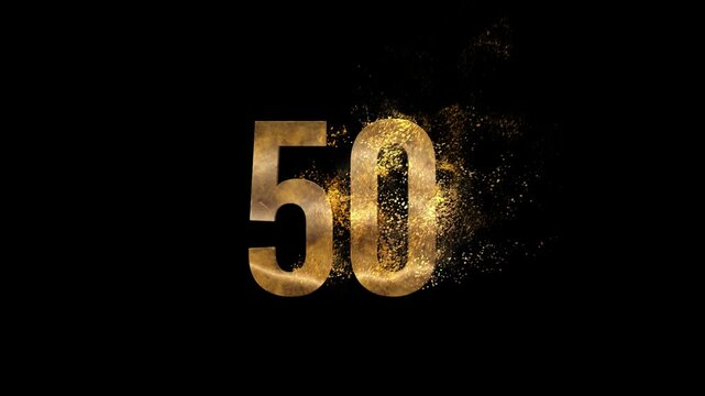 Beautiful Golden Number 50 with golden particles and transparent background, golden number fifty