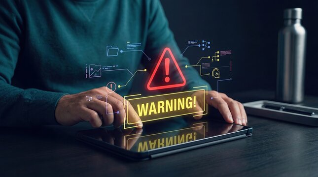 Cyber security warning alert on tablet screen, digital danger notification and system error message, hacker attack concept with red triangle icon and futuristic data interface o...
