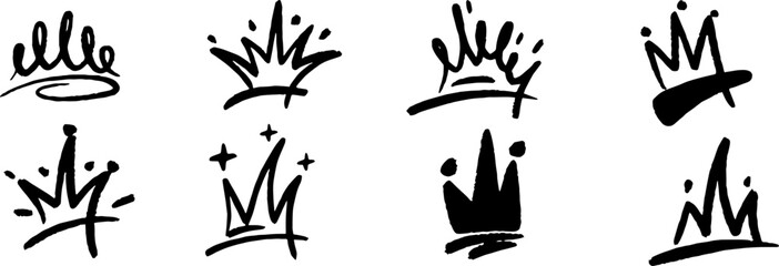 Hand Drawn Crown Set Graffiti King Queen Diadem Vector Icon Black Brush Marker Sketch Doodle Crowns Royal Symbol Tiara Line Art Vintage Luxury Quality Coronation Royal Graphic Design Element © Ink Magic