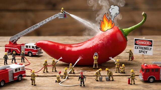 A humorous and creative scene depicting a giant red chili pepper on fire, surrounded by a team of tiny firefighters with miniature fire trucks working to extinguish the blaze.