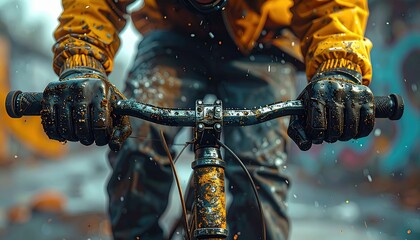 Obraz premium BMX Freestyle Action, Dynamic BMX Rider Gripping Handlebars in Action Shot