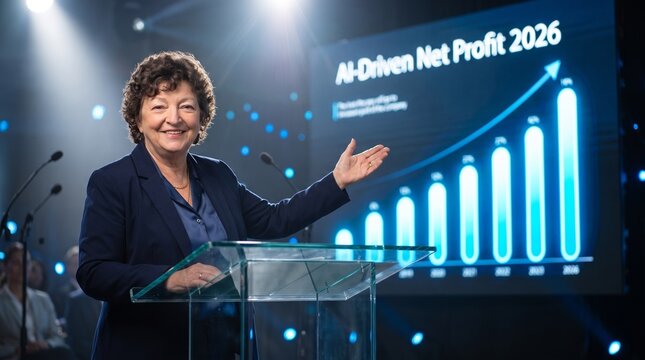 Business Executive Presenting AI-Driven Net Profit Growth 2026