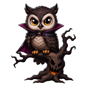 Cute vampire owl sitting on a spooky tree isolated on transparent background for Halloween