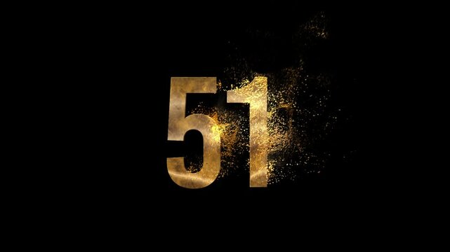 Beautiful Golden Number 51 with Golden Particles and Transparent Background, Golden Number Fifty One