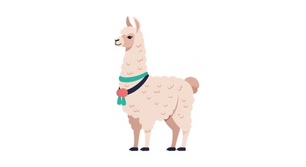 Fototapeta premium Cute Beige Alpaca with Peruvian Style Collar Flat Illustration Standing Isolated on White Background Asset