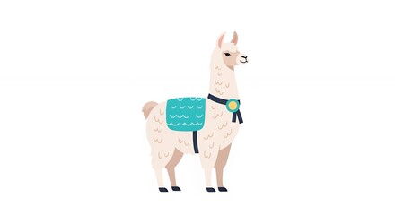 Fototapeta premium Adorable white llama standing profile view with blue patterned saddle and medal ornament isolated on white backdrop.