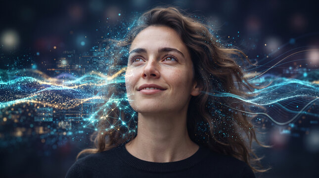 Futuristic Digital Portrait of a Woman Merging with Artificial Intelligence Data Streams