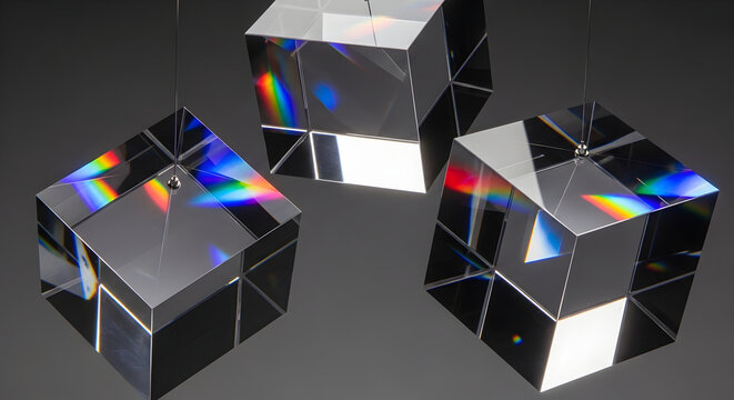 Three transparent glass cubes reflecting vibrant light spectrums and spectral colors on a dark background for abstract creative light refraction art