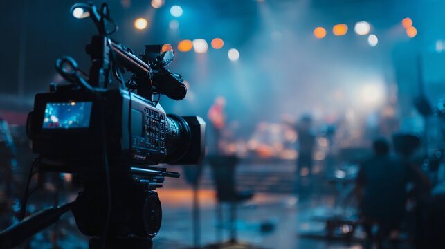 A professional video camera captures the dynamic atmosphere of a vibrant live event, with stunning blue tones creating an engaging visual experience for viewers.