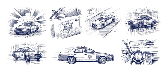Police cruiser sketch drawing set featuring patrol vehicles on emergency response duty, highway pursuit, and interior dashboard POV driving view in classic vintage line art engraving style. © Dinali