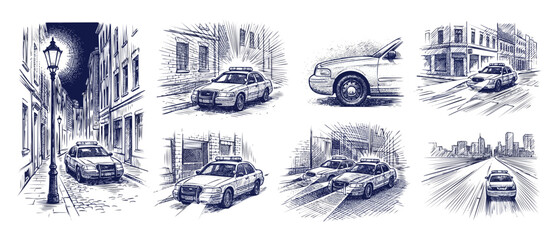 Police car sketch illustration set of vintage patrol cruiser drawings in retro hand drawn engraving style on urban city streets at night, featuring law enforcement vehicles in classic noir style. © Dinali