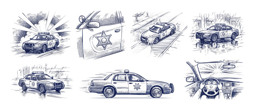 Police cruiser sketch drawing set featuring patrol vehicles on emergency response duty, highway pursuit, and interior dashboard POV driving view in classic vintage line art engraving style.
