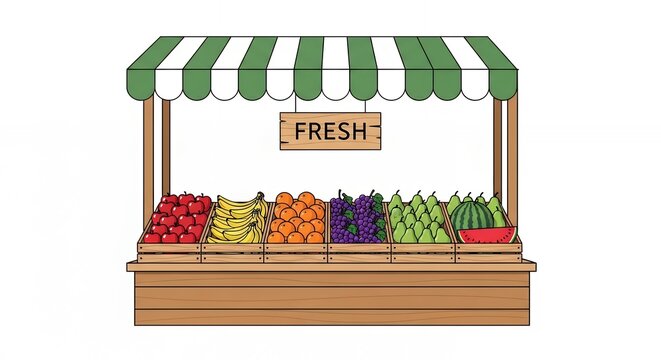 Fresh Fruit Market Stall Illustration Featuring Organic Produce in Wooden Crates with Striped Awning