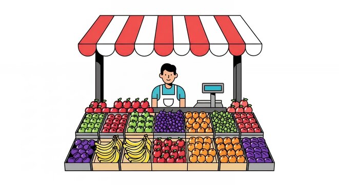 Fresh Organic Fruit Market Stall Illustration with Friendly Shopkeeper and Variety of Colorful Produce