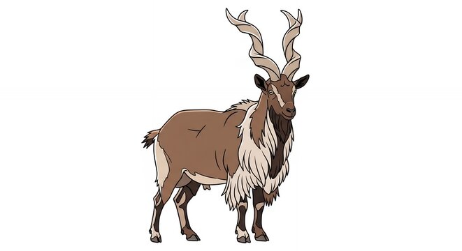 Majestic Markhor wild goat illustration with long spiral horns and thick fur isolated on white background