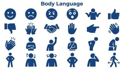 Collection of blue body language icons demonstrating emotions and gestures, conveying communication and expression concepts on a white background © Iconique Studio