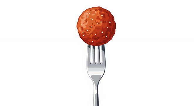 Single Delicious Meatball on a Silver Fork Isolated on White Background for Restaurant Menu Design Concept Illustration