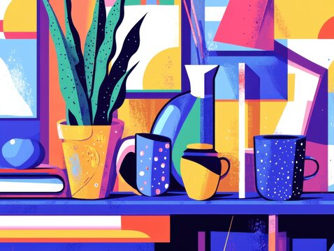Colorful contemporary illustration portraying lively everyday moments with expressive characters, dynamic compositions