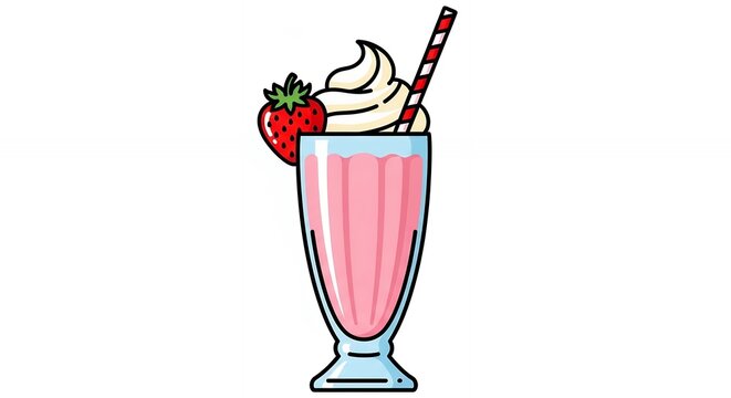 Fresh Strawberry Milkshake Topped with Whipped Cream and a Red Striped Straw Isolated Graphic Design