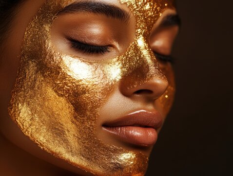 Woman receiving a luxurious gold facial treatment featuring a shimmering cosmetic mask highlighting skincare, beauty rituals, and radiant complexion care