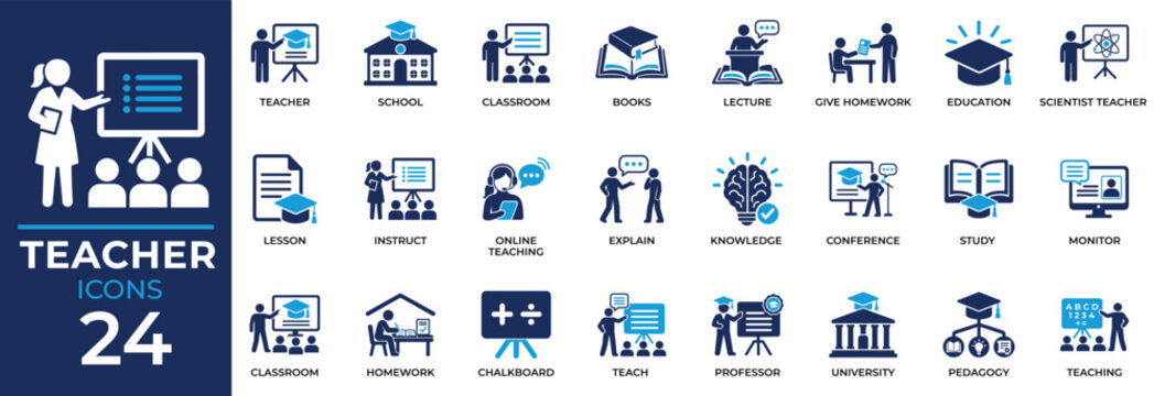 Teacher Education Icons Set Featuring Classroom, School, Online Teaching, Learning, Lecture, Homework, Books, Knowledge, University, Study and Flat Vector Icon Pack