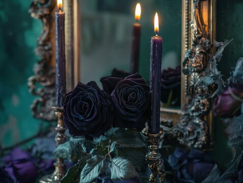 Dark gothic still life featuring dried black roses, flickering candles, and dramatic botanical elements creating a mysterious romantic atmosphere