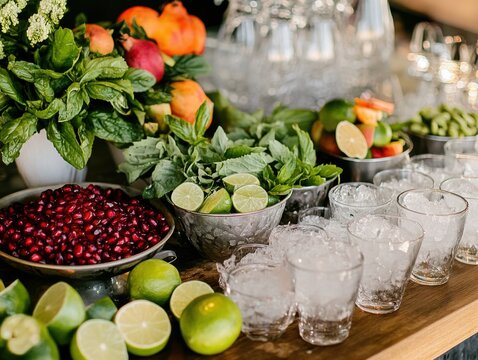 Well-stocked cocktail garnish station featuring a wide variety of fresh herbs, citrus, spices, and decorative ingredients for creative drink preparation