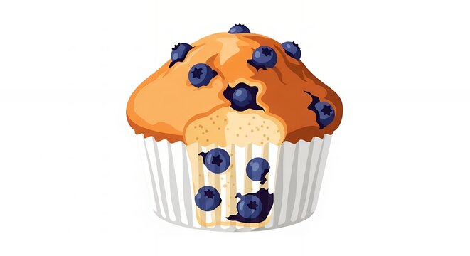 Fresh Blueberry Muffin Illustration with Golden Crust and Tasty Berries Isolated on White for Bakery Food Menu Graphics