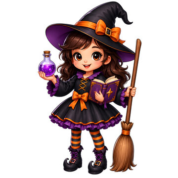 Cute little witch with potion and book isolated on transparent background for Halloween design