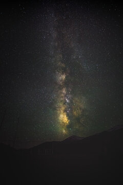 A panorama of the starry sky at night in the Tien Shan Mountains of the Pamirs. Clear, transparent mountain air and the Milky Way with its many stars and constellations
