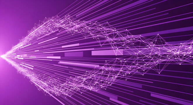 Digital Data Stream Visualization with Glowing Geometric Network Particles and Fast Speed Lines in Vibrant Purple Futuristic Abstract Background
