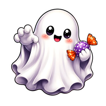 Cute little ghost holding candy isolated on transparent background for Halloween celebration art