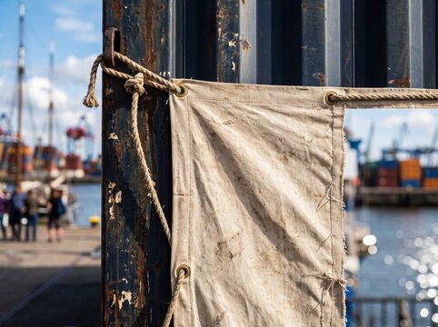 Rustic Canvas Sail Cloth Banner Tied at Harbor Dock
