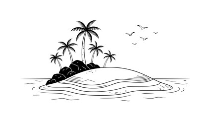 Tropical Island Paradise with Palm Trees and Birds - Hand Drawn Sketch © illustration vector 