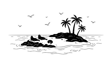 Deserted Tropical Island with Palm Trees and Seals, Black and White Illustration © illustration vector 