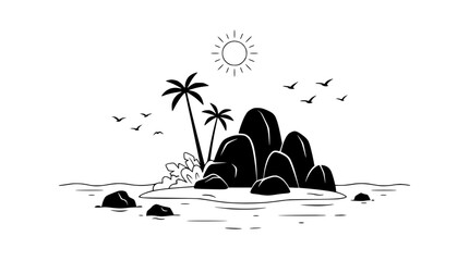 Minimalist tropical island with palm trees, rocks, birds, and sun. © illustration vector 