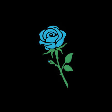Blue Rose Flower Flat Vector Illustration Isolated on Black Background