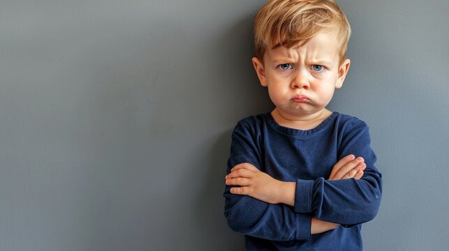 Adorable toddler boy with blonde hair and blue sweater pouts with arms crossed, showcasing a classic childhood tantrum moment against a plain gray background.