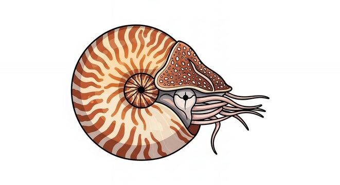 Detailed Nautilus Pompilius Shell Marine Animal Drawing Isolated on White Background for Ocean Life Design